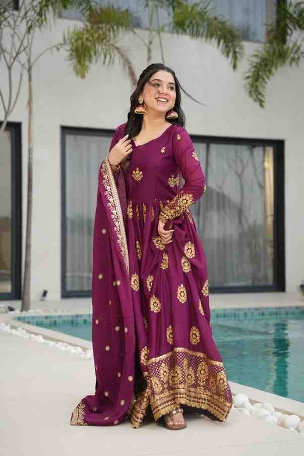 Premium Wine Faux Blooming Embroidered Gown with Dupatta